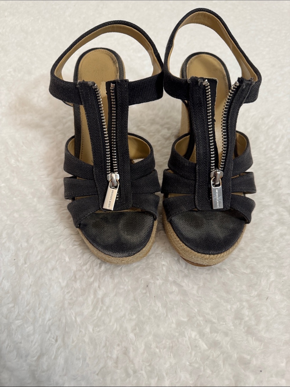 Michael Kors Black Espadrille Wedge Sandals with Front Zipper